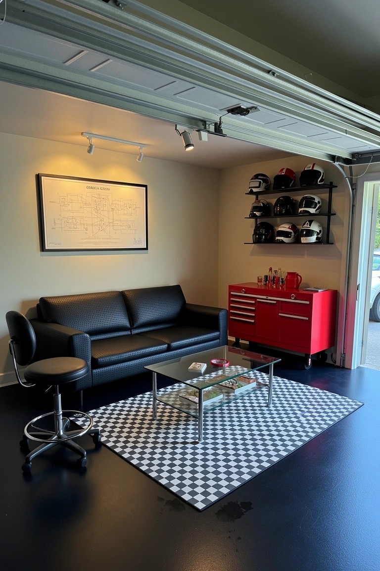 Cozy garage man cave featuring black leather couch, red metal toolbox, checkered rug, and shelves of helmets against a blue epoxy floor