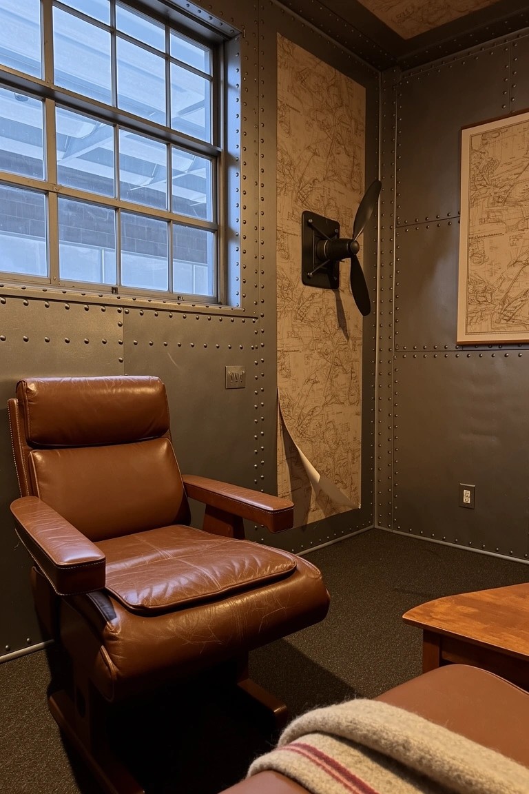 Brown leather armchair in a small room with gray riveted metal walls, wooden side table, and wall-mounted propeller fan