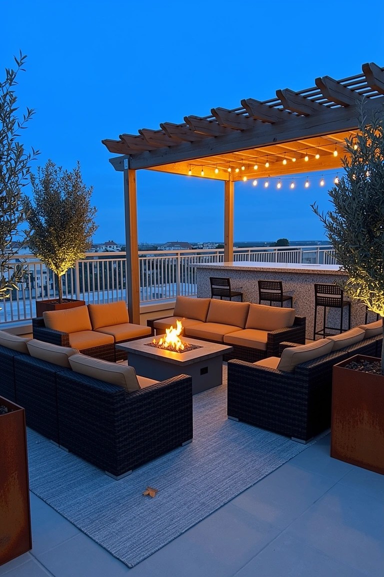 Rooftop lounge with central gas fire pit table surrounded by black wicker sofas and orange cushions under a wooden pergola with string lights and potted olive trees