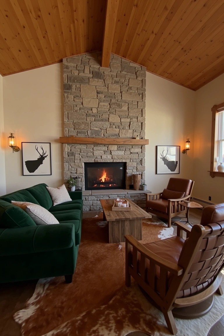 Masculine living room with tall stone gas fireplace, green velvet sofa, leather chairs, cowhide rug, and wooden beamed ceiling