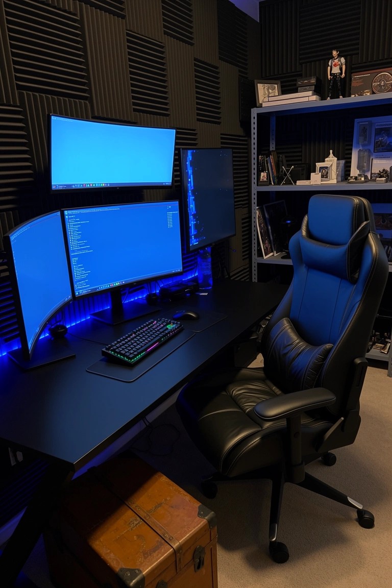 Triple monitor gaming desk in a dark room with blue RGB lighting and ergonomic chair