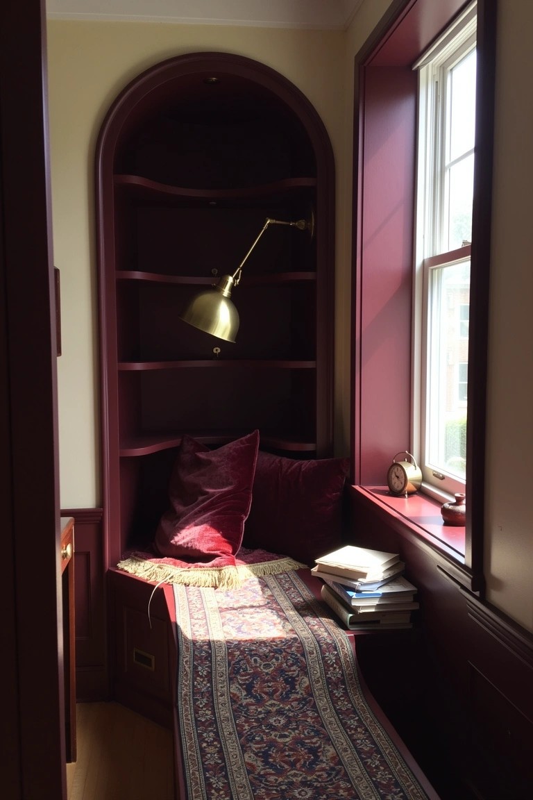 Arched burgundy alcove with curved shelves, brass wall lamp, pink cushions on window bench, stacked books, and patterned rug