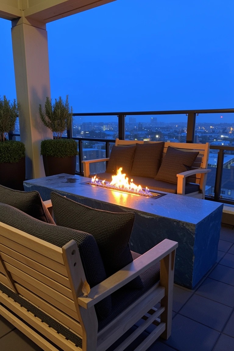 Balcony lounge area with rectangular stone fire table, wooden chairs with gray cushions, potted plants, and city view at dusk