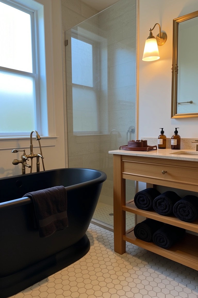 Black clawfoot bathtub next to wooden vanity and glass shower in a white-tiled bathroom with brass fixtures
