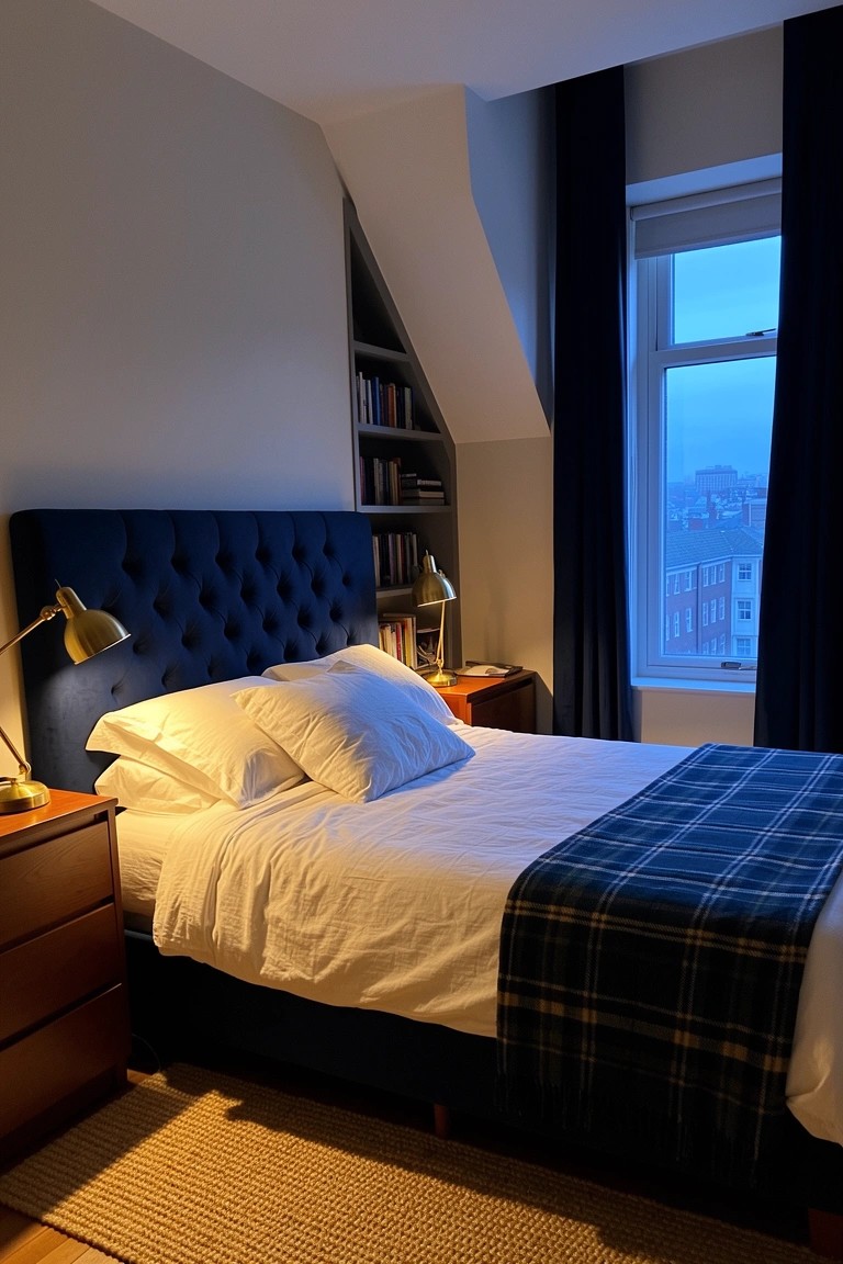 Cozy attic bedroom with built-in bookshelves flanking a navy upholstered bed and wooden nightstands with brass lamps
