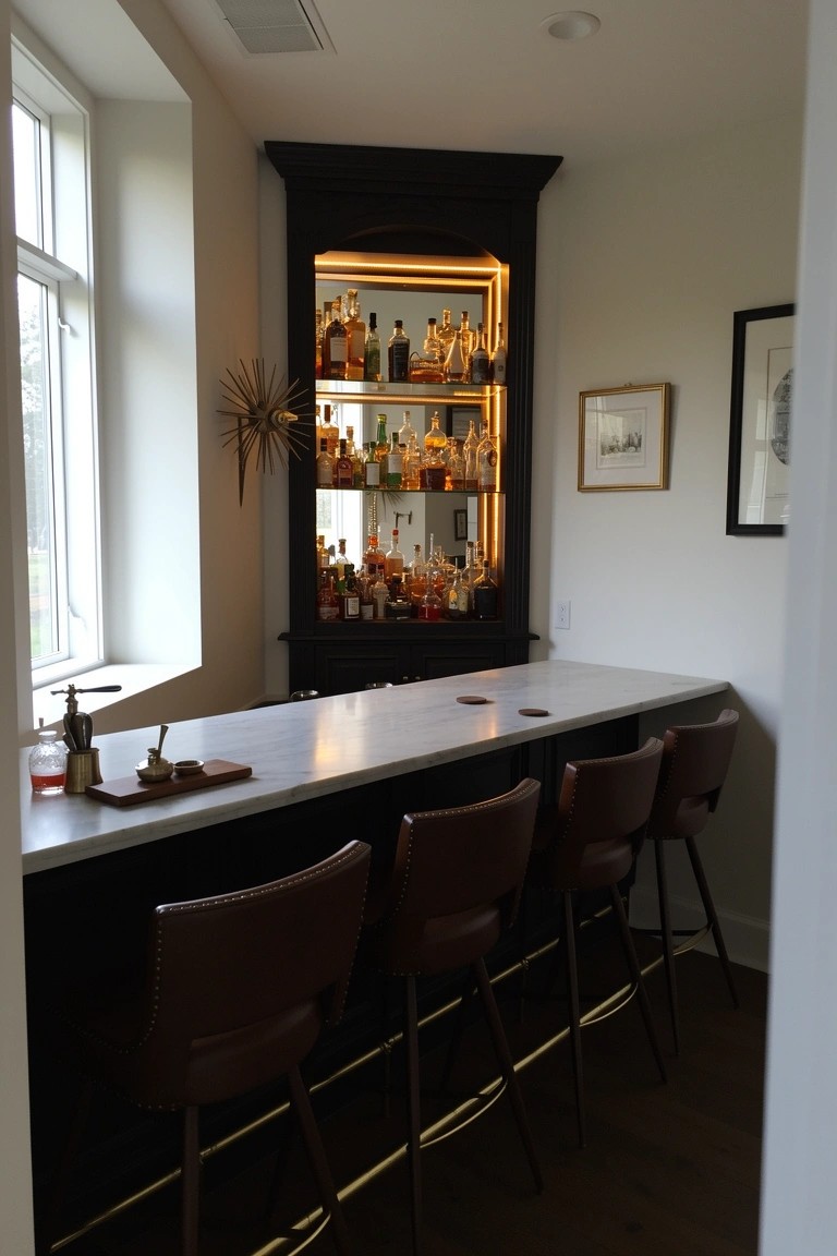 Built-in corner bar cabinet with backlit glass shelves displaying liquor bottles, white marble countertop and black leather bar stools in a bright room