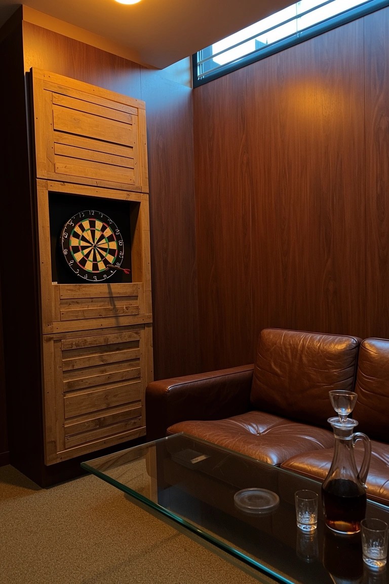 Tall wooden slatted cabinet with dartboard inside, next to leather sofa and glass table in wood-paneled room