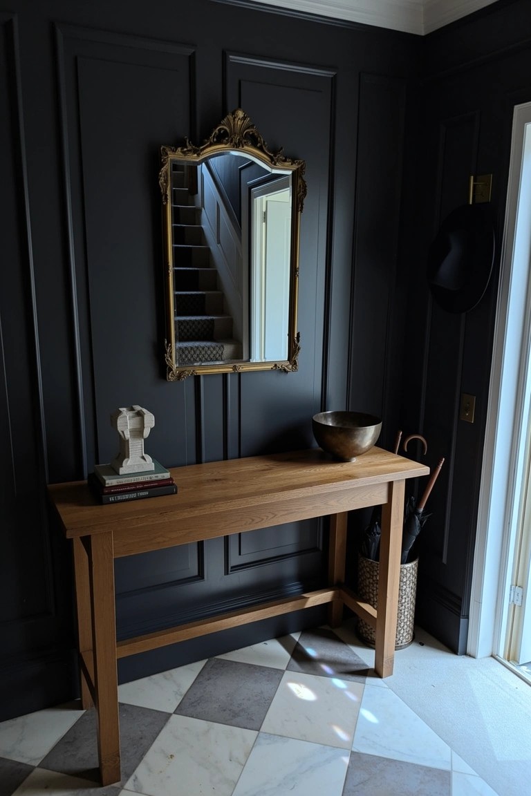 Dark paneled entryway with wooden console table, antique bust, gold-framed mirror, and umbrella stand on checkered floor