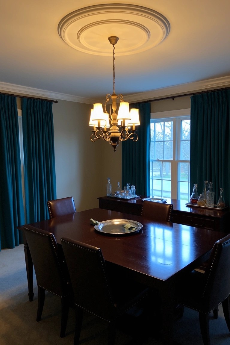 Formal dining room with brass chandelier over dark wood table and leather chairs, teal curtains on windows, sideboard with decanters