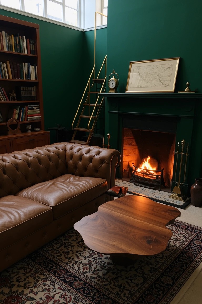 Emerald green study room with tufted leather sofa, live-edge wood coffee table, fireplace, bookshelves, and brass accents