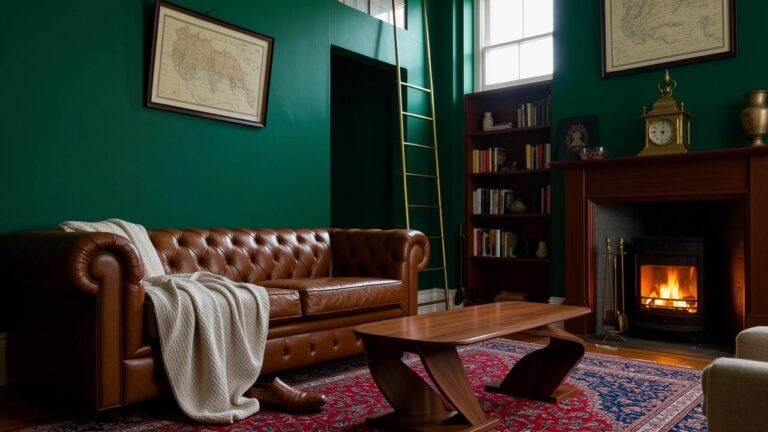 Emerald green study room with tufted leather sofa, live-edge wood coffee table, fireplace, bookshelves, and brass accents