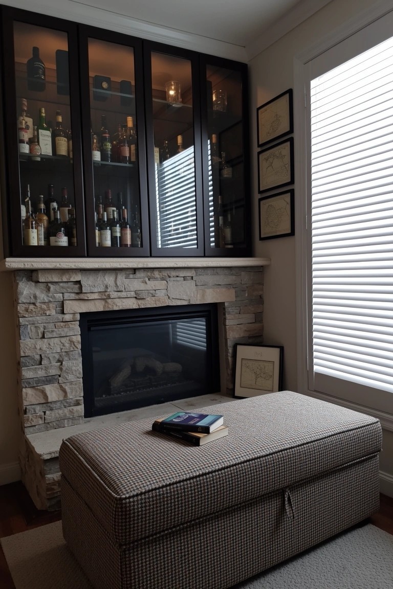 Corner stone fireplace with glass-fronted liquor cabinet above displaying bottles and low ottoman with book in front