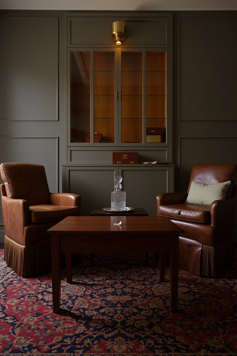Two tan leather armchairs facing each other across a small wooden table with a crystal decanter, on a patterned rug in a gray paneled room with glazed cabinetry