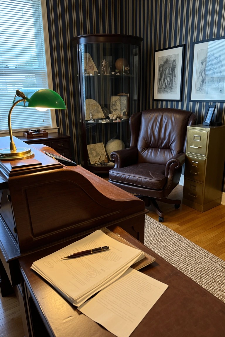Classic study featuring blue striped wallpaper, wooden desk with green banker's lamp and papers, leather armchair, and curio cabinets with shells and globe