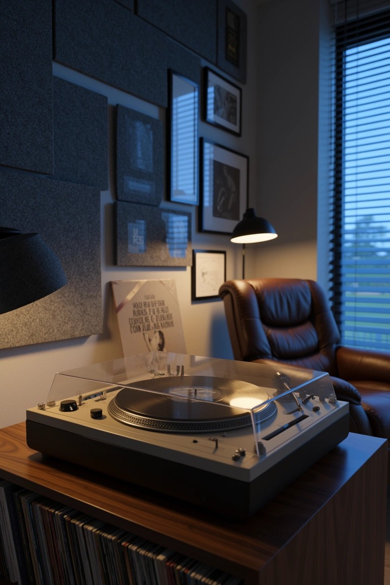 Black turntable on wooden cabinet stacked with vinyl records in a cozy room corner with leather armchair and warm lamps