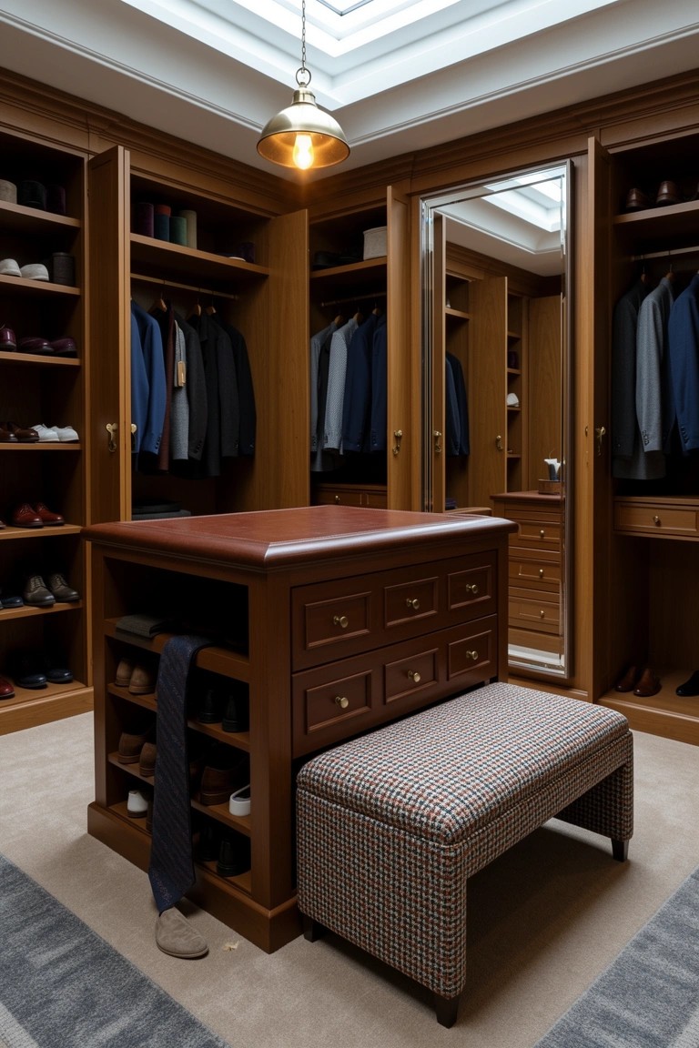 Wood-paneled walk-in closet with a central wooden island featuring drawers and a bench, surrounded by open wardrobes holding suits, shirts, shoes, and ties.