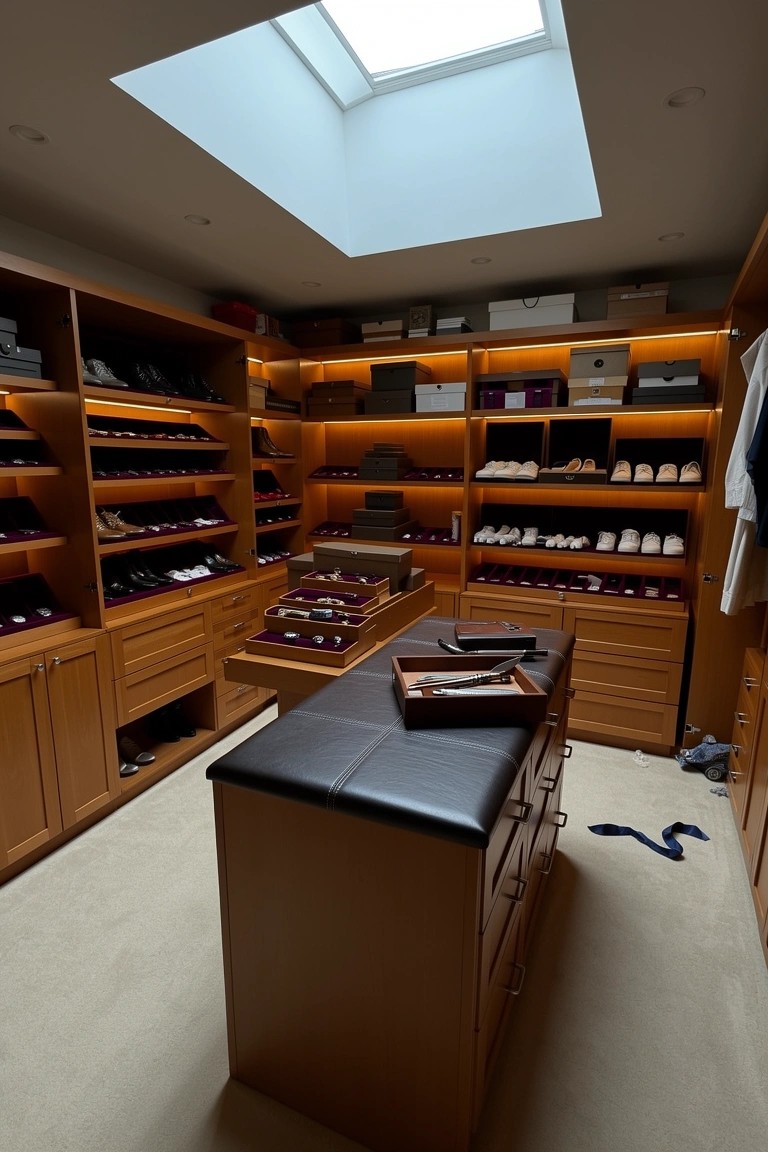 Warm wooden walk-in closet with built-in shelves displaying shoes and suits, central island with drawers and leather stool, skylight overhead