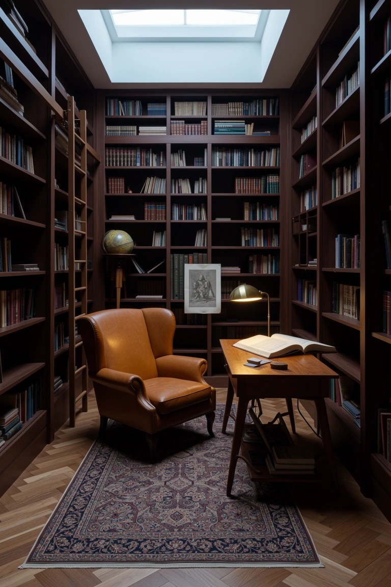 Small study room lined with dark wood bookshelves, orange leather armchair at wooden desk, skylight above, globe and rug on parquet floor