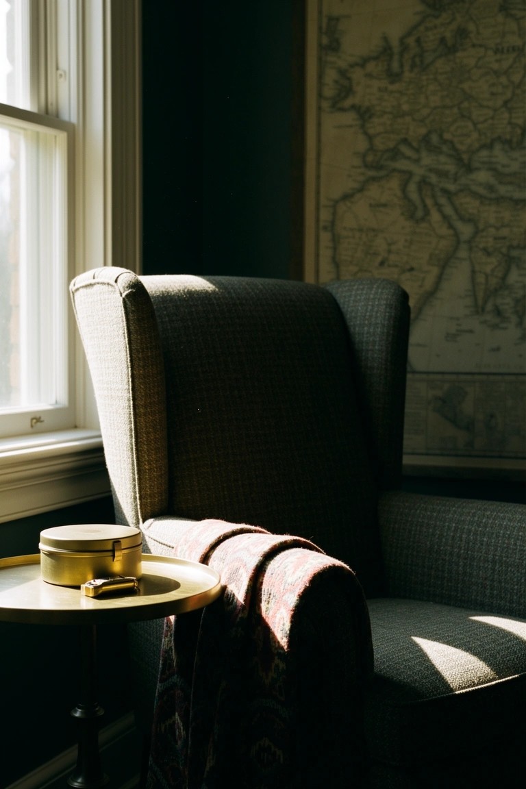 Gray wingback armchair in corner by window with brass tray table, plaid throw on arm, and world map on dark wall