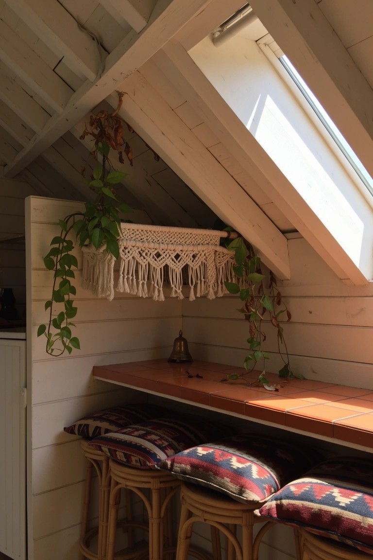 Attic bar nook with wooden tiled counter, rattan stools, hanging macrame plants, and skylight under white sloped ceiling