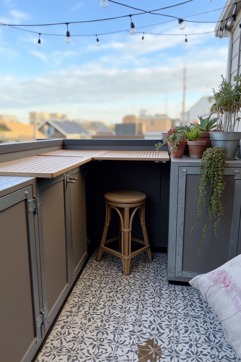 Gray cabinet corner unit on a small balcony with fold-down wooden shelf, rattan stool, potted plants, and patterned tile floor