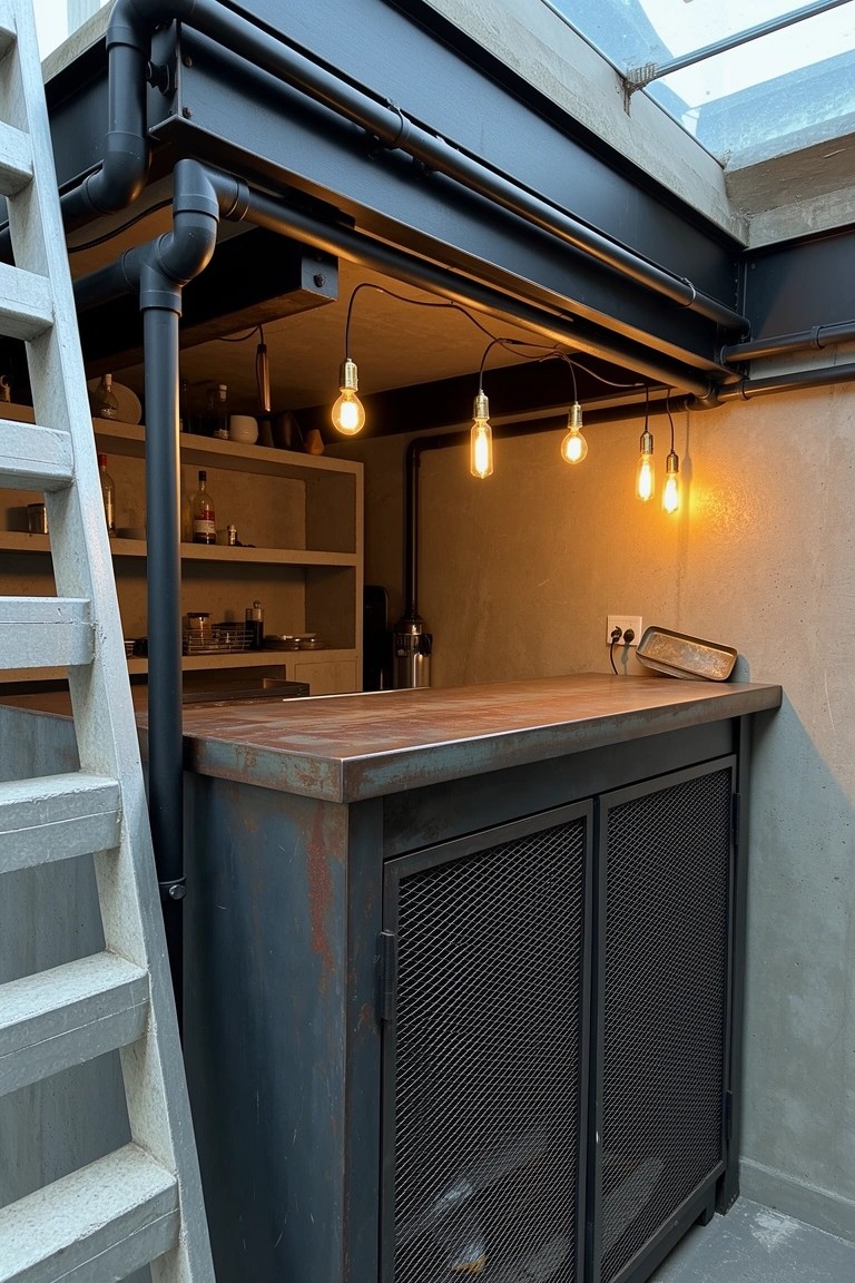 Compact industrial bar tucked under a loft with ladder access, copper counter, and hanging pendant lights