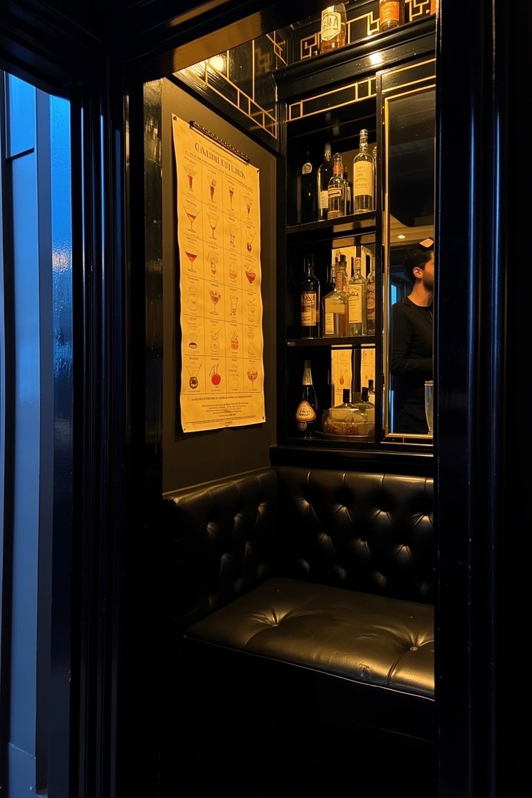 Compact black leather corner booth with bar shelves, bottles, and cocktail chart in a speakeasy nook