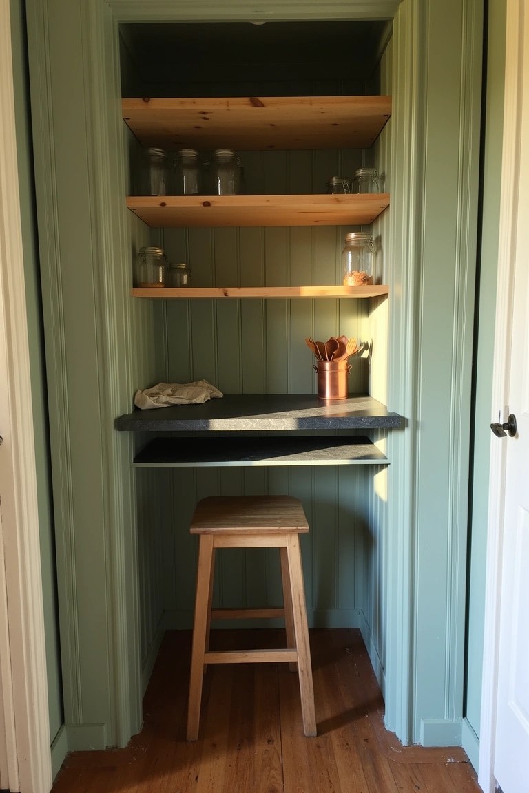 Narrow built-in closet with pine shelves holding glass jars, black desk surface, copper mug of utensils, and wooden stool in soft green enclosure