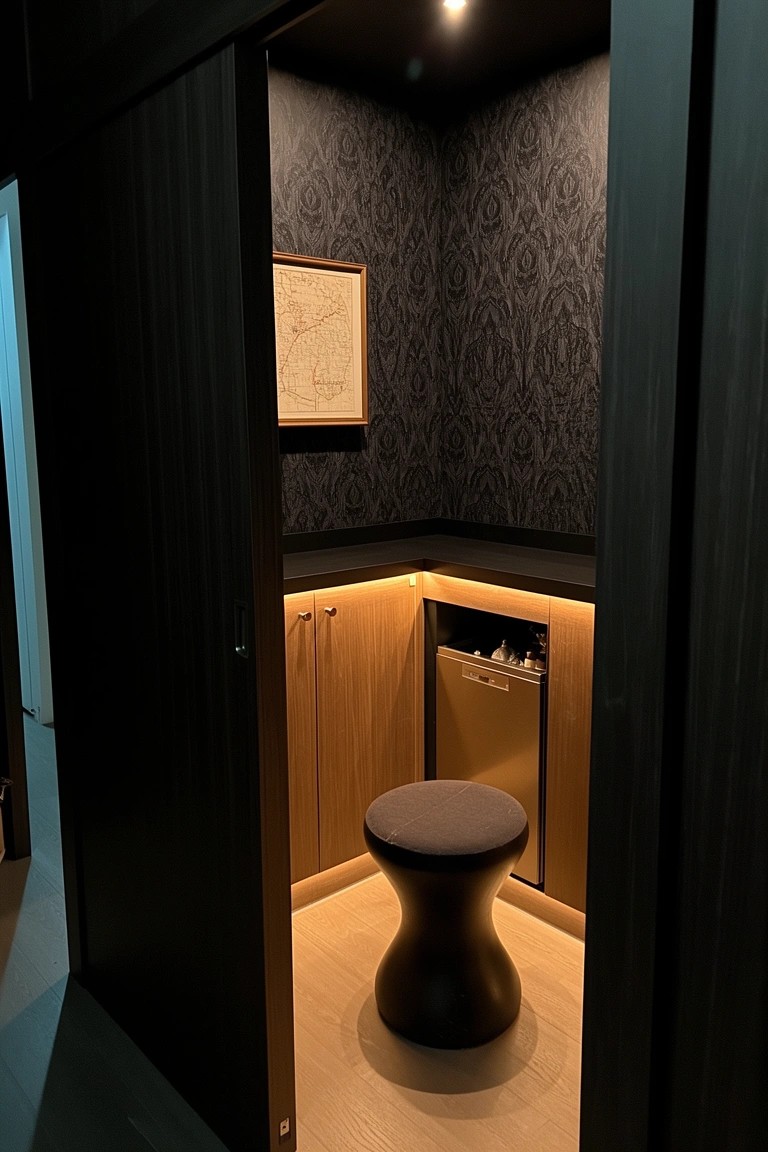Compact dark corner bar nook with sliding doors, built-in cabinets, dishwasher unit, single drum stool, and warm under-cabinet lights