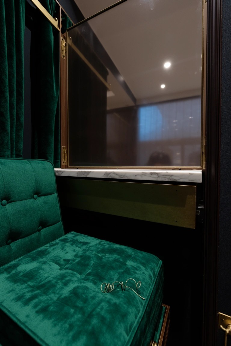 Emerald green velvet tufted bench in a dark-framed nook with brass details and window