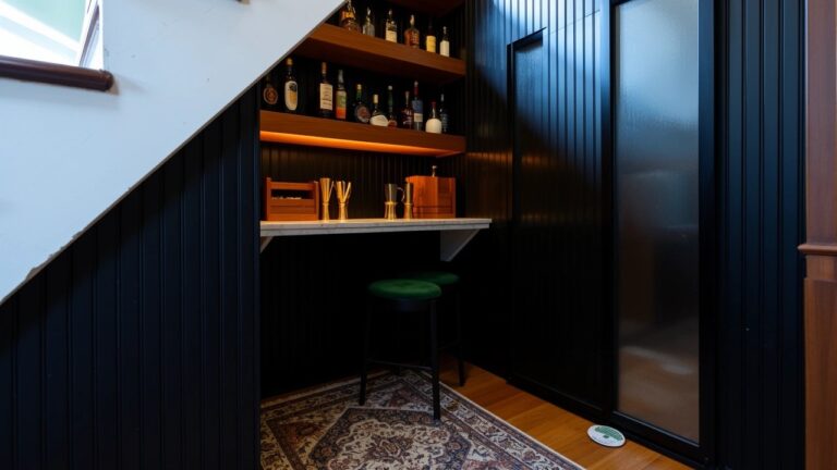 Compact bar nook beside dark stairs with wooden shelving cabinet stocked with bottles, white countertop, green stool, and frosted glass door