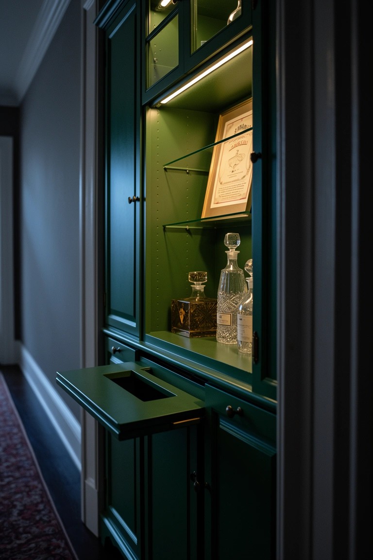 Tall green cabinet with interior lighting illuminating liquor bottles and decanters on shelves, plus a pull-out serving shelf, placed in a narrow dark hallway