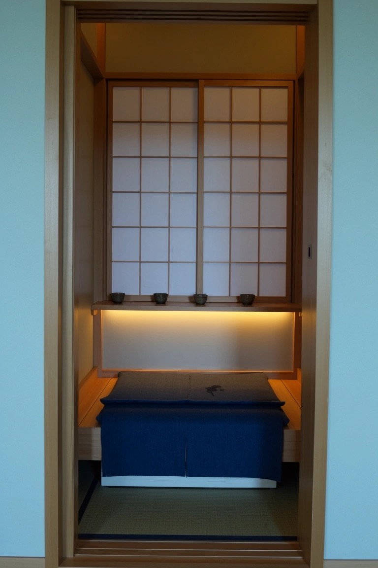 Narrow Japanese-style alcove with shoji screens, low-lit shelves holding cups, and built-in blue platform bench