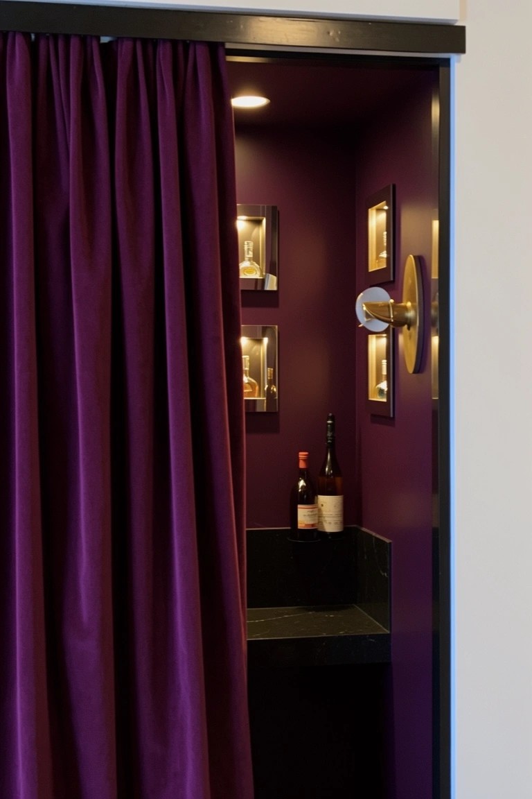 Purple speakeasy bar nook partially hidden by velvet curtains with black countertop and displayed bottles