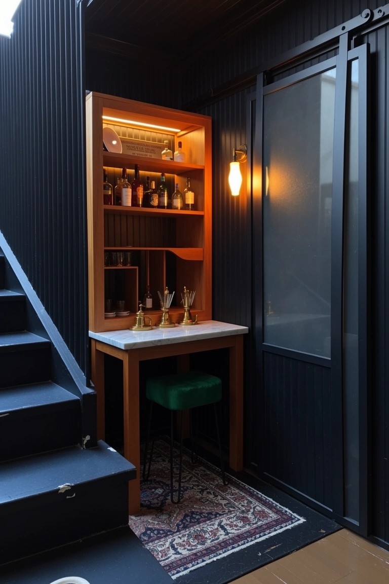 Compact bar nook beside dark stairs with wooden shelving cabinet stocked with bottles, white countertop, green stool, and frosted glass door