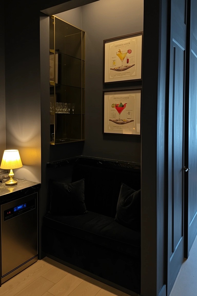 Dark recessed wall nook with black velvet bench cushions, gold-trimmed bar shelves holding glassware, and framed cocktail art