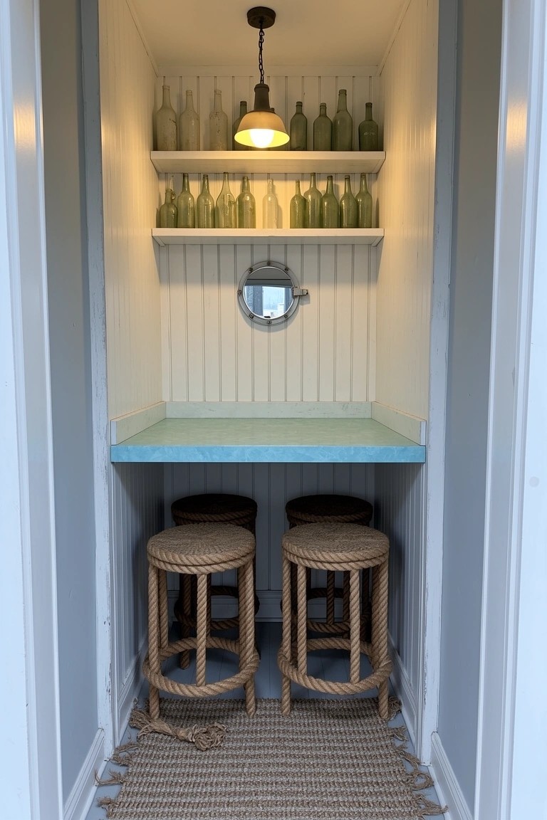 Narrow white shiplap alcove bar with turquoise counter, rattan stools, green glass bottle shelves, porthole mirror, and rope rug