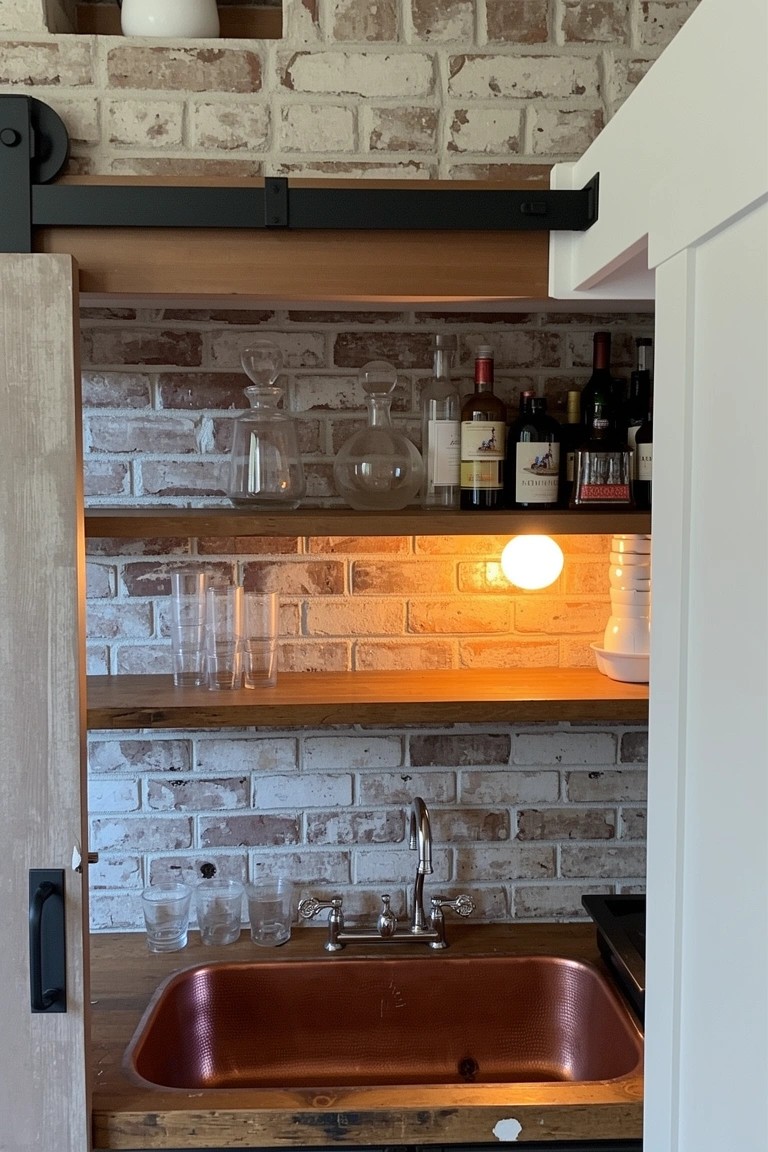 Rustic mini wet bar with copper sink, brick backsplash, wooden shelves holding wine and glassware, concealed behind open sliding barn door