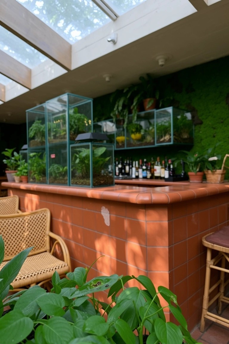 Bar counter with terracotta tiles and wooden stools, featuring glass terrariums filled with plants on shelves behind it alongside liquor bottles and surrounded by greenery