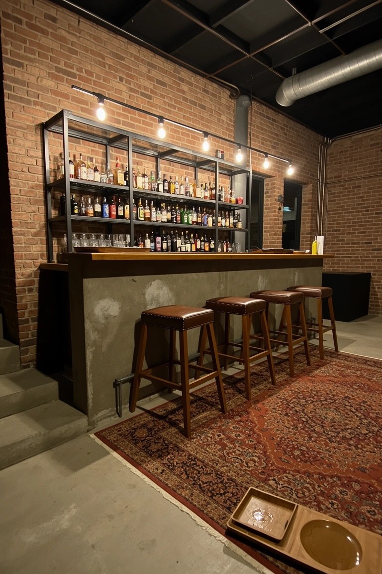 Basement speakeasy bar with exposed brick walls, wooden counter, leather barstools, and backlit liquor shelves