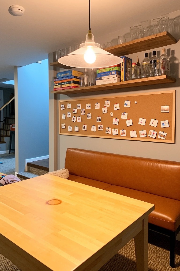 Basement nook with orange leather bench against gray wall, wooden table, upper shelves holding glasses and bottles, and corkboard covered in pinned photos
