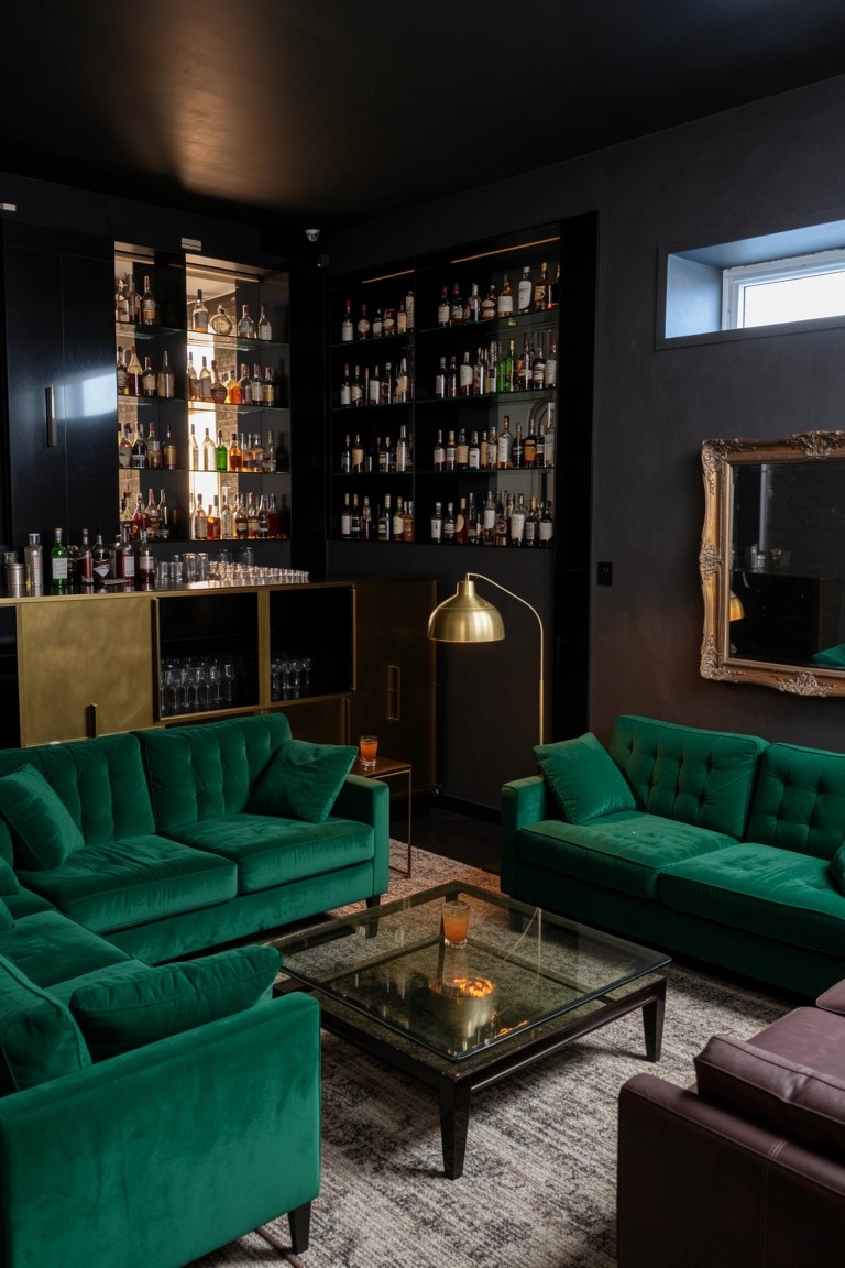 Dark-walled basement speakeasy bar with emerald green velvet sofas around a glass coffee table, brass bar front, and bottle-filled shelves