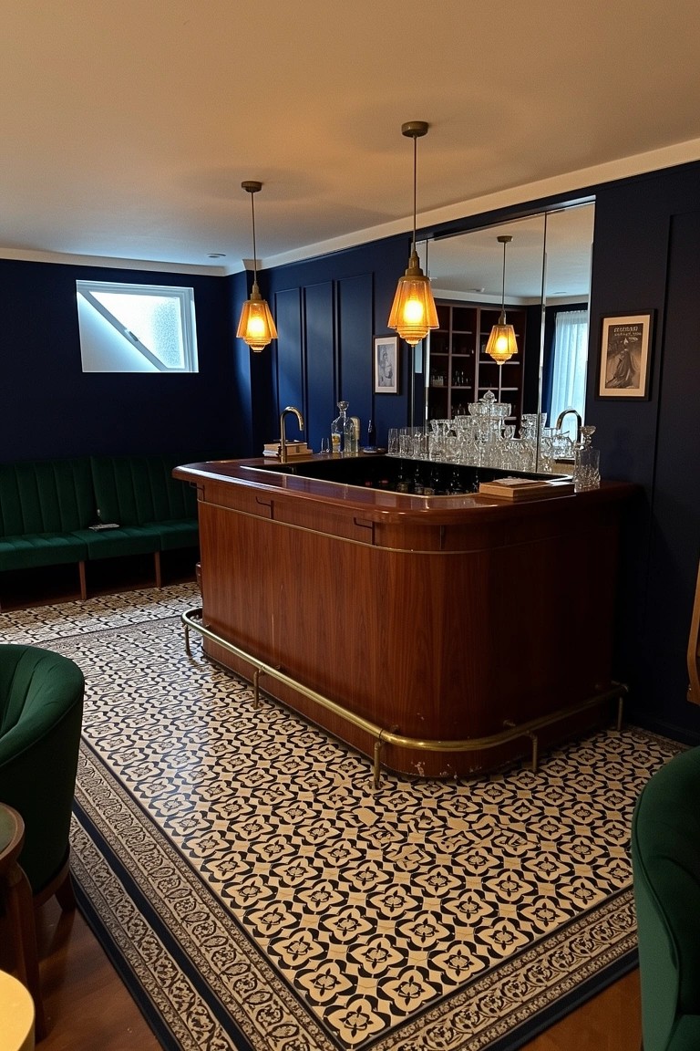 Curved wooden bar counter with brass trim in a cozy basement speakeasy, navy walls, green velvet seating, pendant lights, and patterned tile floor