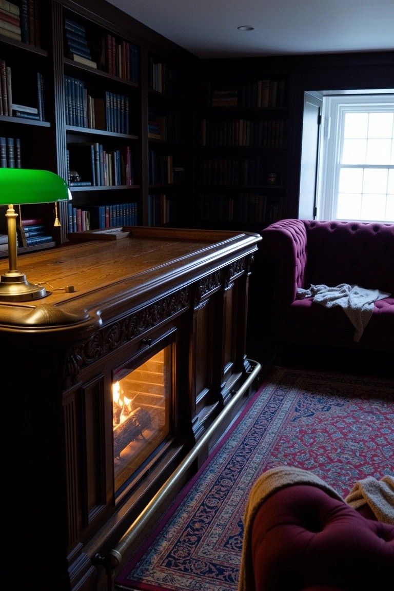 Ornate wooden desk with integrated fireplace base in a dark-paneled library room, green banker lamp, bookshelves, and purple velvet sofa