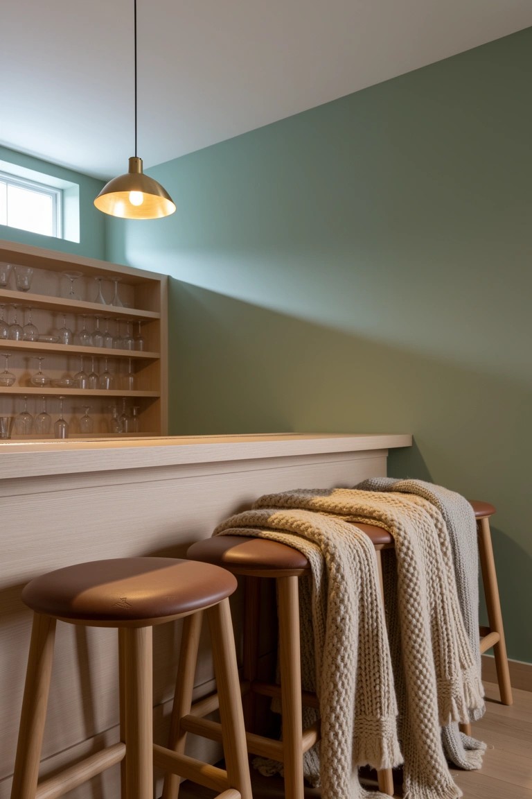 Wooden bar stools with knit blankets casually draped over the backs and seats in a mint green basement bar area