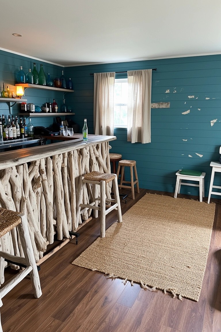 Rustic driftwood-wrapped bar counter in a cozy teal basement bar area with stools and bottle shelves