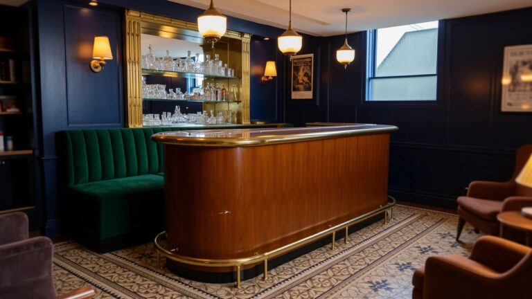 Curved wooden bar counter with brass trim in a cozy basement speakeasy, navy walls, green velvet seating, pendant lights, and patterned tile floor