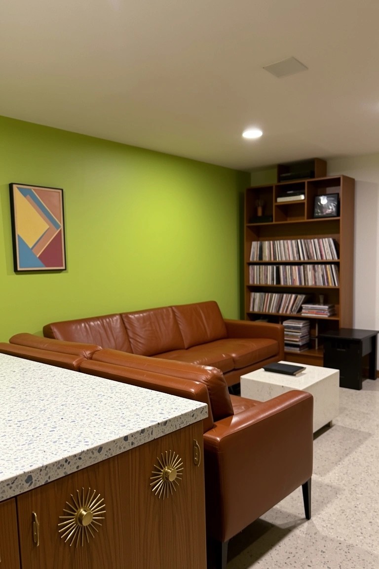 Basement lounge corner featuring a bold green wall, brown leather sofa and chair, wooden bar counter with starburst hardware, and shelves of vinyl records