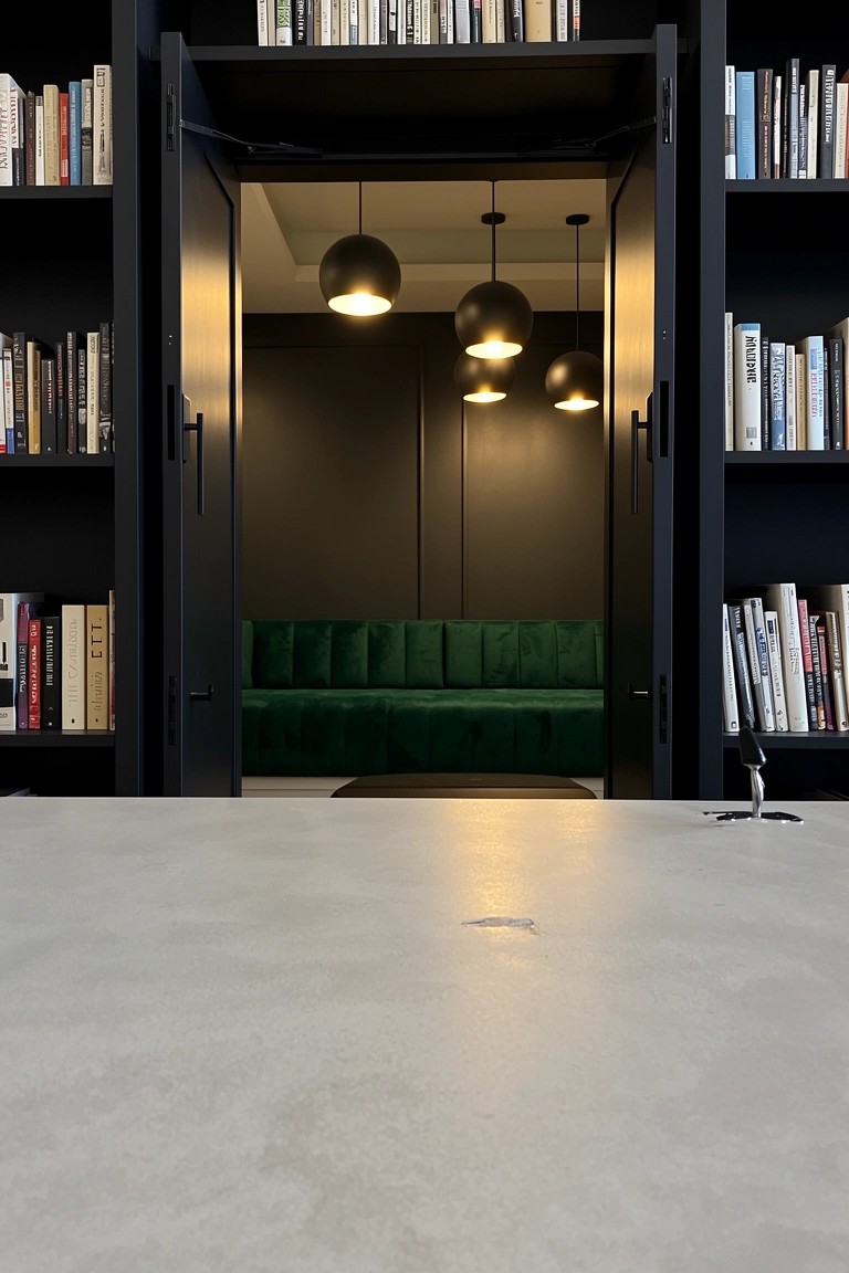 Tall black bookshelves forming walls around an open doorway revealing a green velvet sofa, pendant lights above, and a table in the foreground