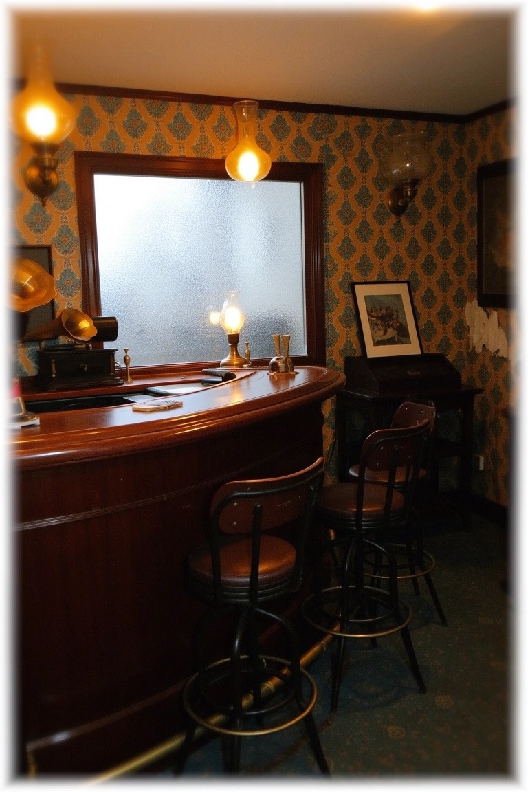Cozy basement speakeasy bar featuring teal patterned wallpaper, curved wooden counter, black bar stools, brass lamps, and vintage phonograph